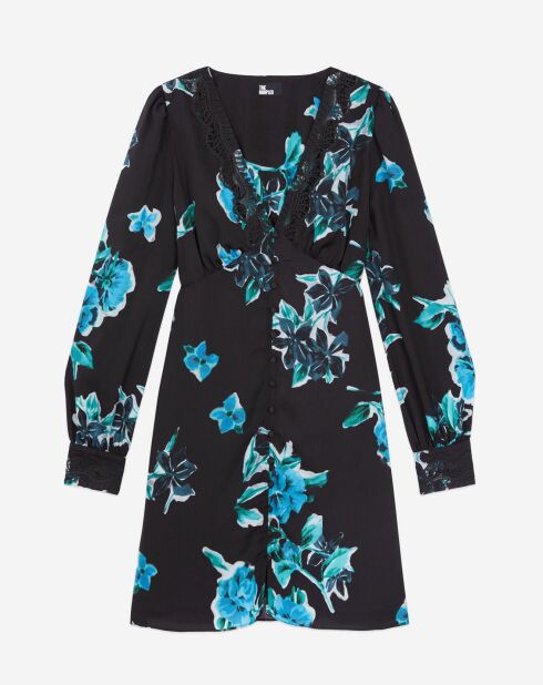 Robe courte imprimée avec détails en dentelle noir/bleu
