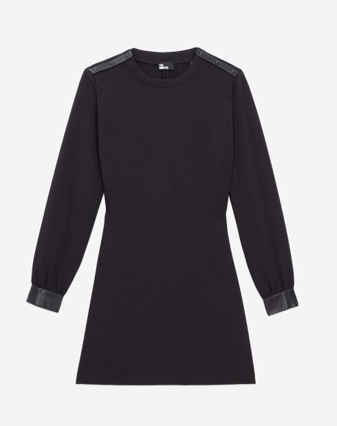 Robe courte en crêpe avec détails en Cuir noire