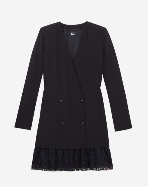 Robe courte effet tailleur en crêpe et dentelle noire