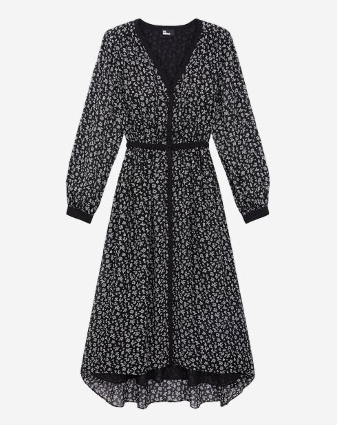 Robe longue imprimée avec boutonnage noire