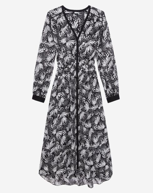 Robe longue imprimée avec boutonnage noire