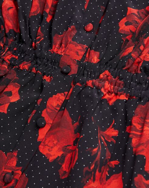 Robe chemise 100% Soie courte imprimée noir/rouge