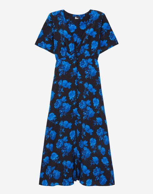 Robe longue 100% Soie imprimée avec boutonnage noir/bleu