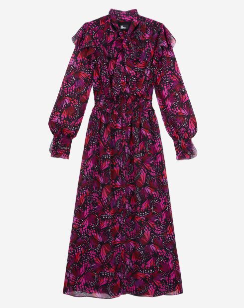 Robe longue imprimée à volants rose