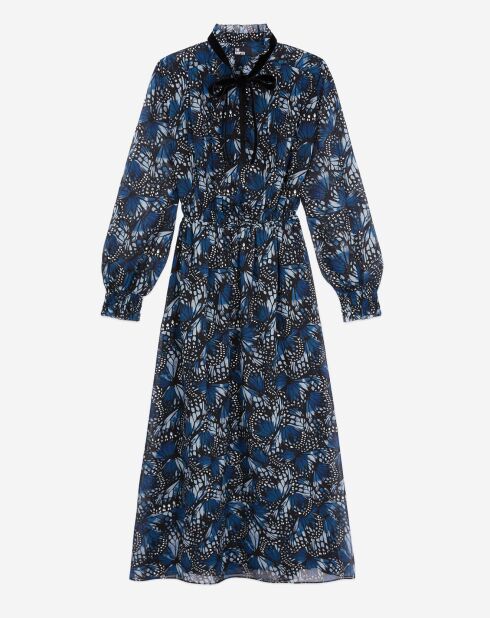 Robe longue imprimée avec plissage bleue