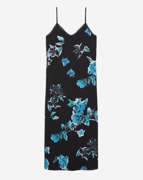 Robe nuisette longue imprimée avec détails en dentelle noire