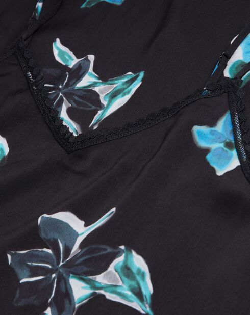 Robe nuisette longue imprimée avec détails en dentelle noire