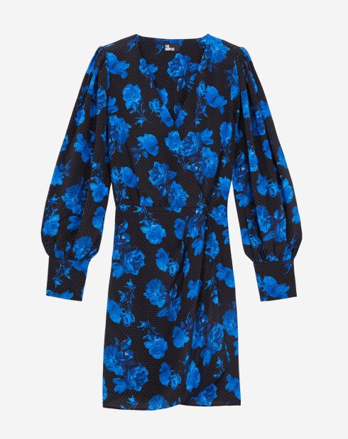 Robe portefeuille 100% Soie courte imprimée noir/bleu