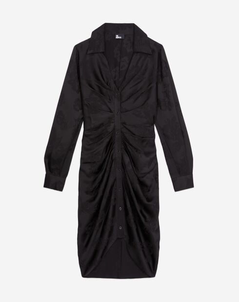 Robe mi-longue à fleurs avec fronces noire