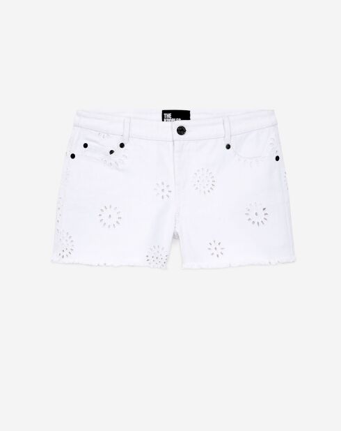 Short en denim avec broderie anglaise blanc