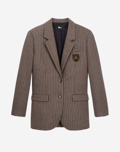 Beige blazer van wolmix met ruiten