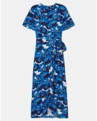 Robe 100% Soie portefeuille longue imprimée bleue