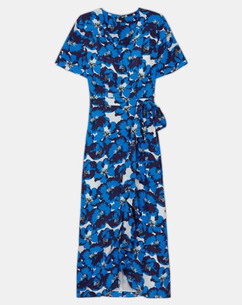 Robe 100% Soie portefeuille longue imprimée bleue
