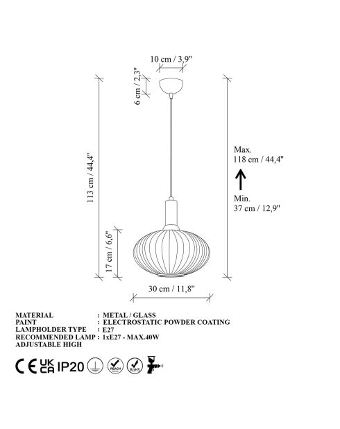 Suspension Asker noire - 30x30x118 cm