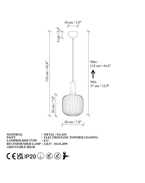 Suspension Asker noire - 20x20x118 cm