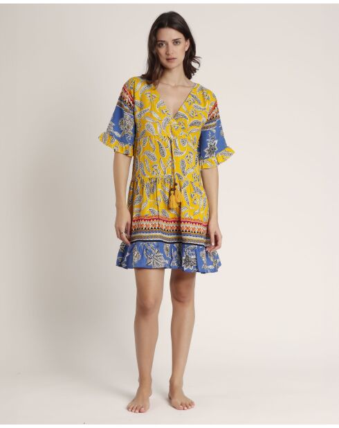 Gele hippiestrandjurk met korte mouwen
