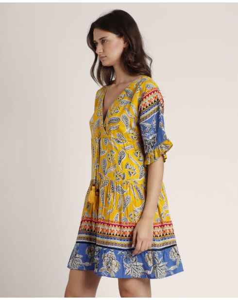 Gele hippiestrandjurk met korte mouwen