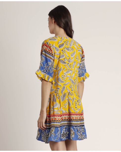 Gele hippiestrandjurk met korte mouwen