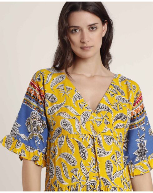 Gele hippiestrandjurk met korte mouwen