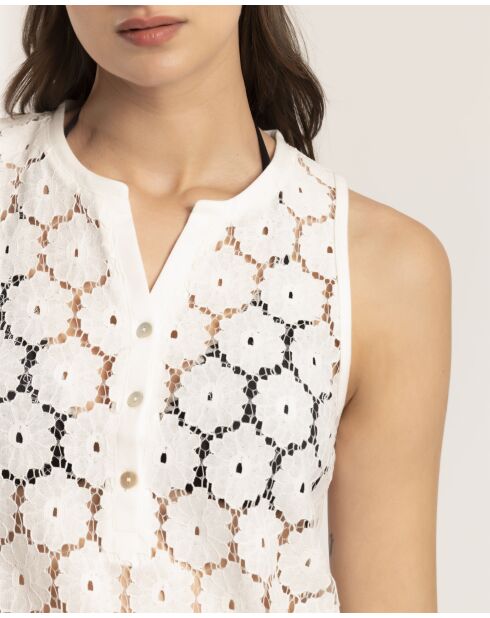 Robe de plage sans manche en dentelle à fleurs blanche