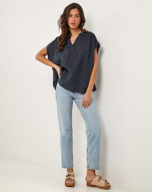 Marineblauwe top van 100% linnen Anne