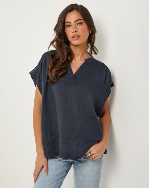 Marineblauwe top van 100% linnen Anne