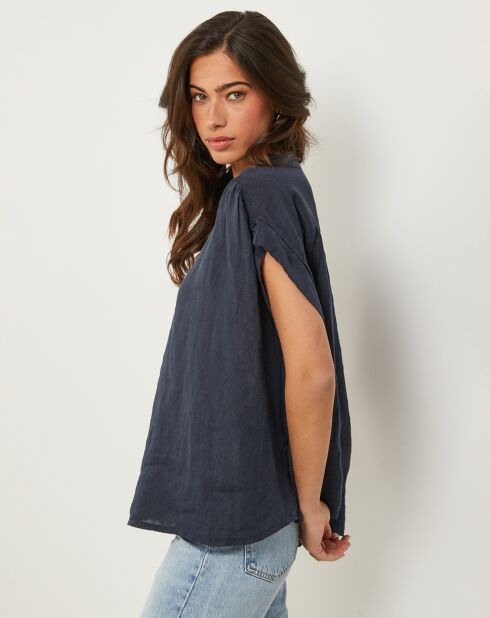 Marineblauwe top van 100% linnen Anne
