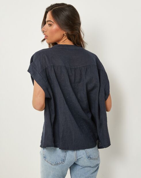 Marineblauwe top van 100% linnen Anne