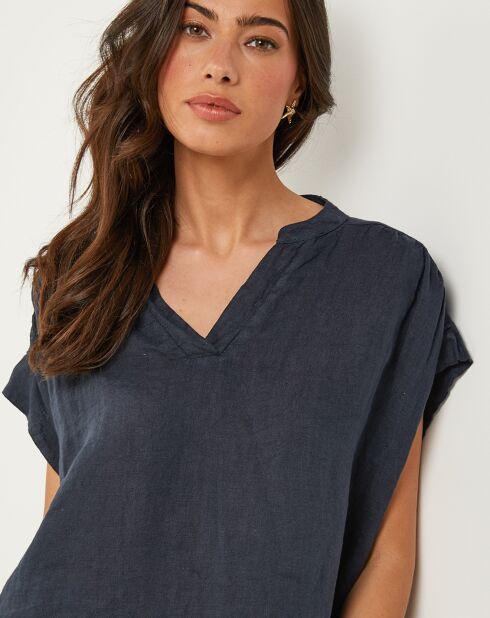 Marineblauwe top van 100% linnen Anne