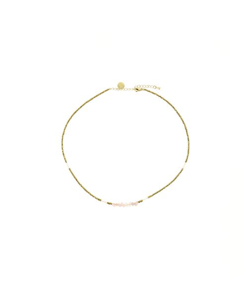 Collier Ambre hématites dorées cristal rose