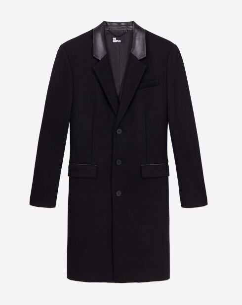 Manteau noir long en mélange de laine avec détails en cuir