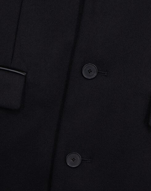 Manteau long en mélange de Laine avec détails en cuir noir