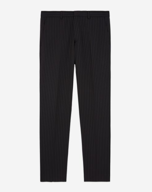 Pantaloni completi neri in lana a righe