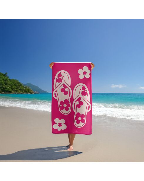Serviette de plage éponge velours Jacquard rose - 90x170 cm