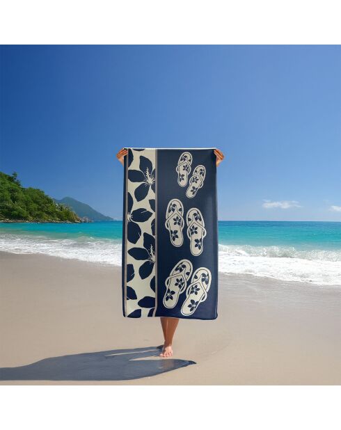 Serviette de plage éponge velours Jacquard bleue - 90x170 cm