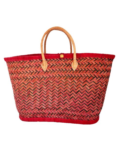 Panier artisanal de plage fibres naturelles Aravola rouge - 55x25x30 cm