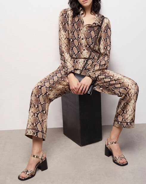 Sandales à talon en cuir python beige et marron