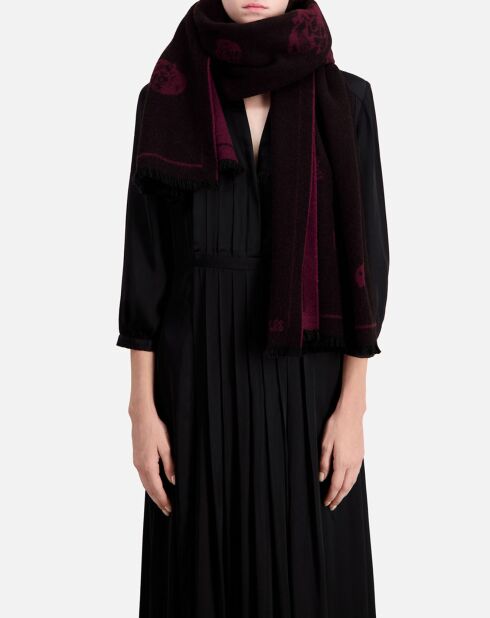 Echarpe 100% laine avec têtes de mort noir/bordeaux - 80x180 cm