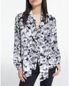 Chemise 100% Soie manches longues col Lavalière Print Romantic Garden noir/blanc