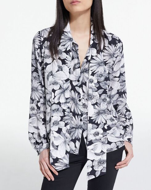 Chemise 100% Soie manches longues col Lavalière Print Romantic Garden noir/blanc