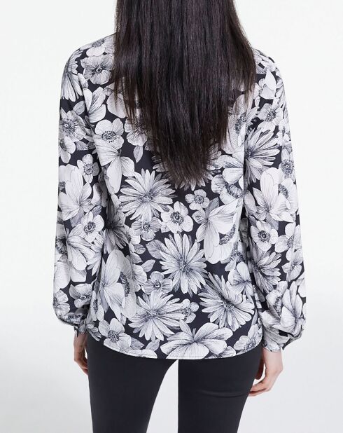 Chemise 100% Soie manches longues col Lavalière Print Romantic Garden noir/blanc