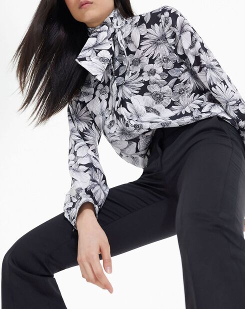 Chemise 100% Soie manches longues col Lavalière Print Romantic Garden noir/blanc