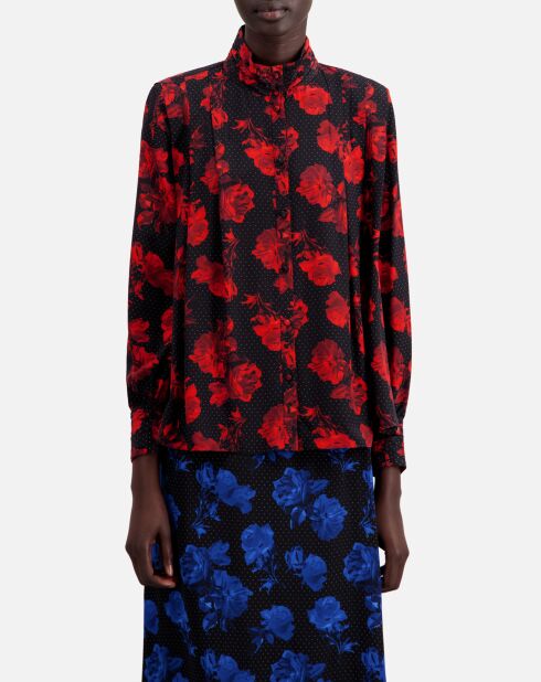 Top 100% Soie imprimé avec plissage noir/rouge