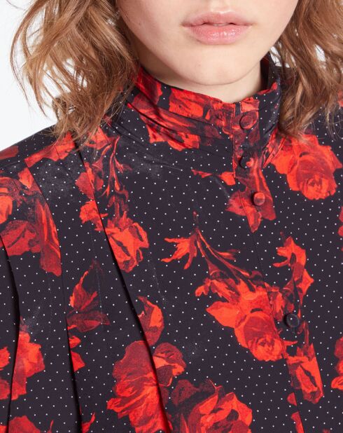 Top 100% Soie imprimé avec plissage noir/rouge