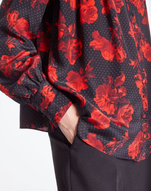 Top 100% Soie imprimé avec plissage noir/rouge