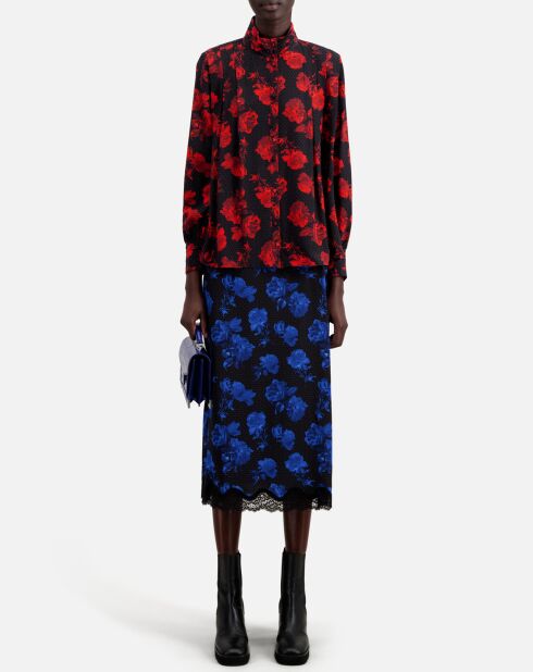 Top 100% Soie imprimé avec plissage noir/rouge