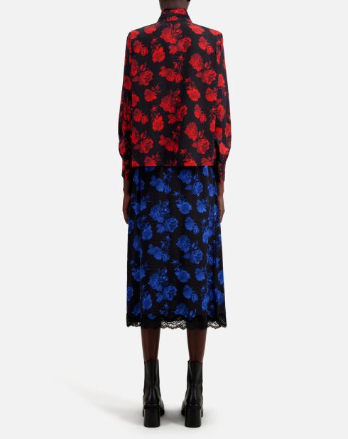 Top 100% Soie imprimé avec plissage noir/rouge