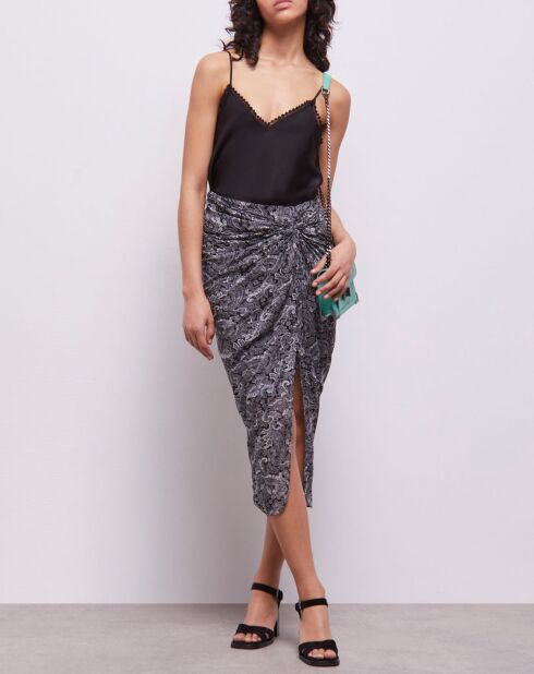 Jupe 100% Soie mi-longue imprimée noire