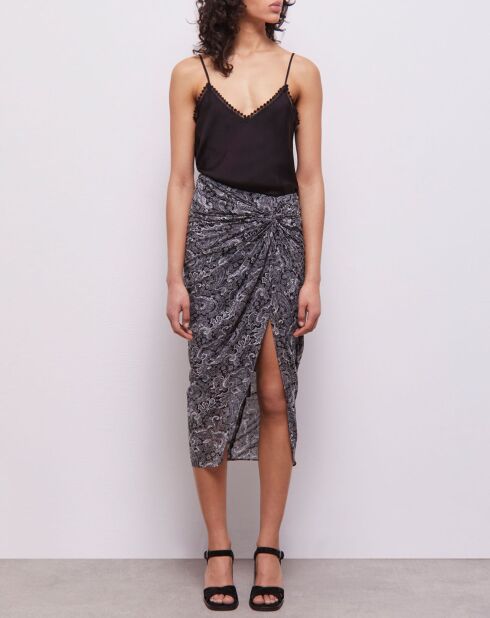 Jupe 100% Soie mi-longue imprimée noire