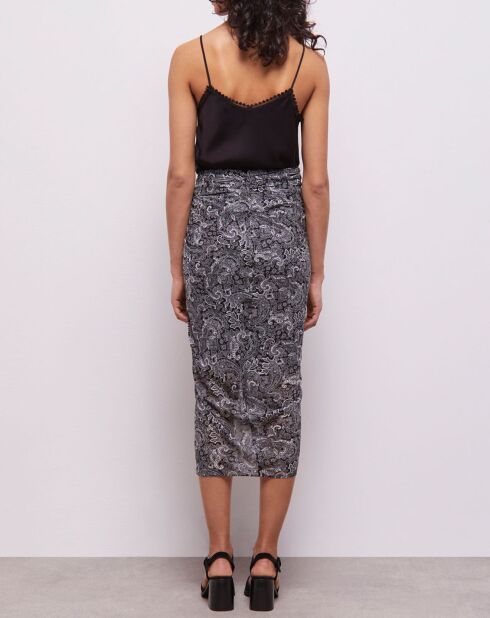 Jupe 100% Soie mi-longue imprimée noire